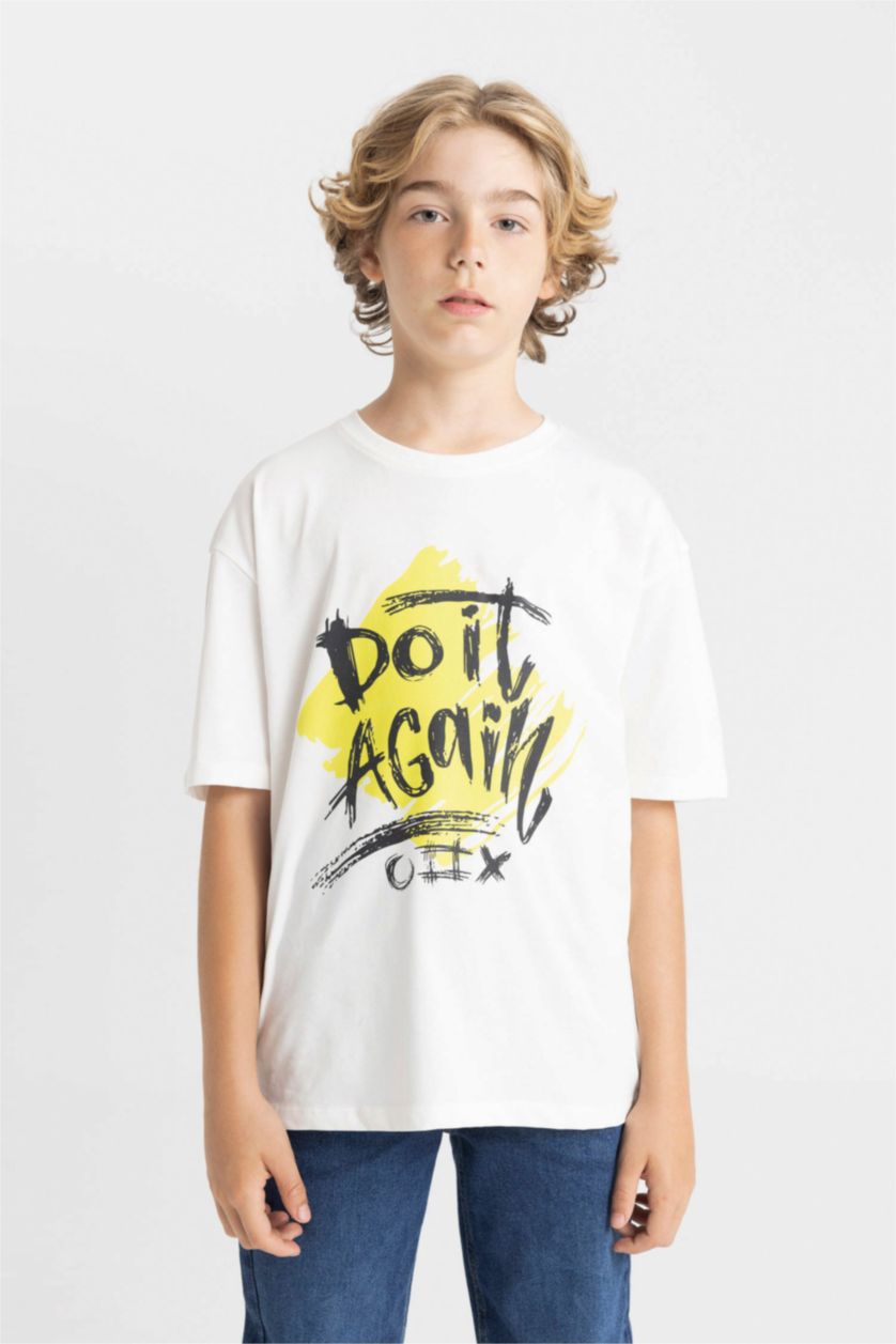 Boys & Teens Ecru Boy Oversize Fit Crew Neck Printed T-Shirt