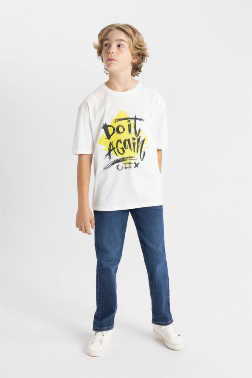 Boys & Teens Ecru Boy Oversize Fit Crew Neck Printed T-Shirt