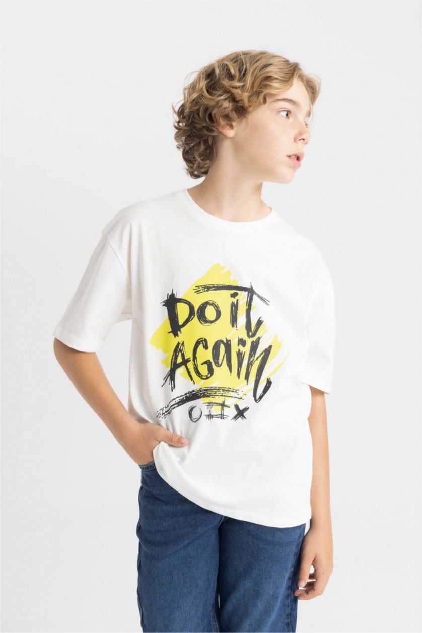 Boys & Teens Ecru Boy Oversize Fit Crew Neck Printed T-Shirt