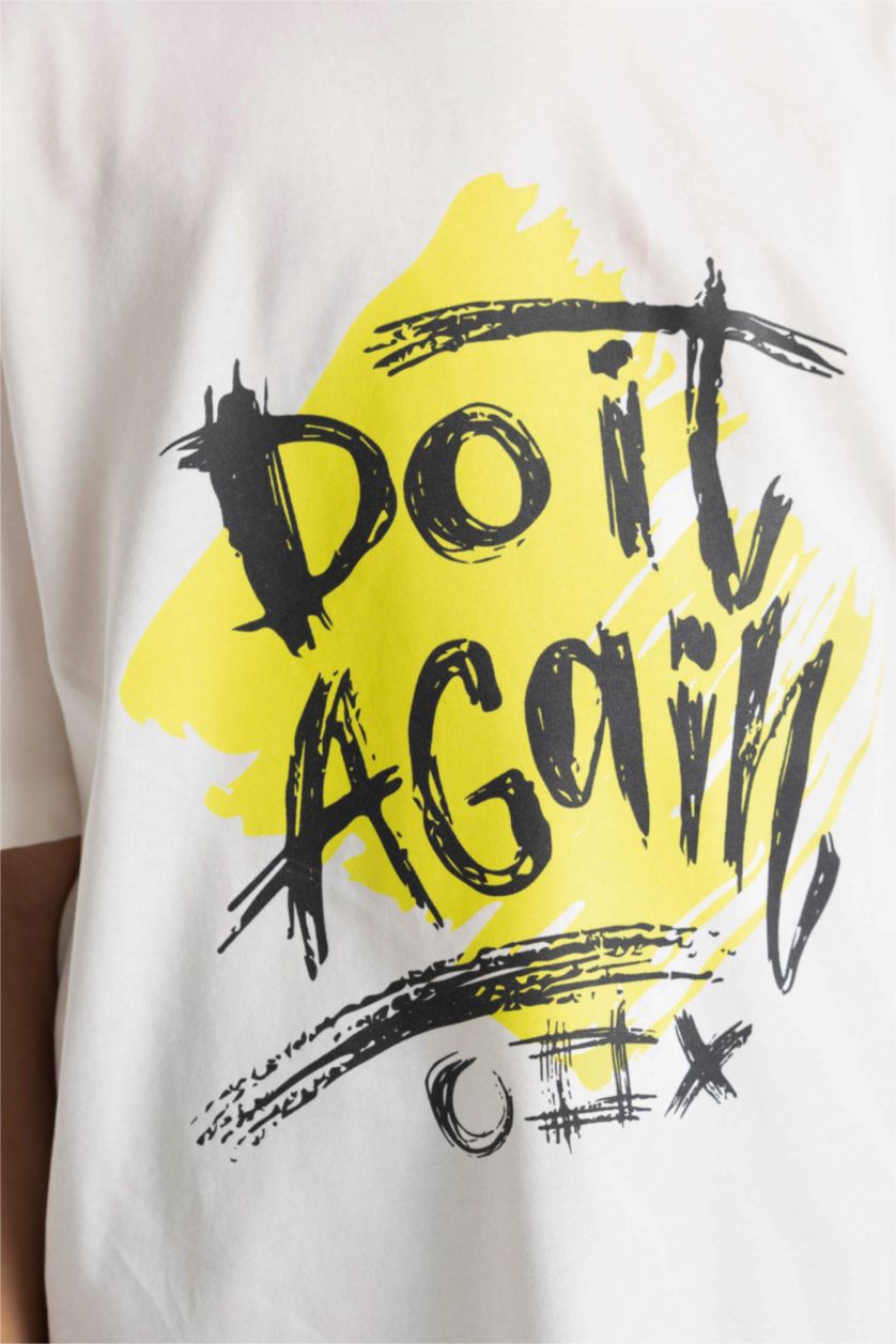 Boys & Teens Ecru Boy Oversize Fit Crew Neck Printed T-Shirt