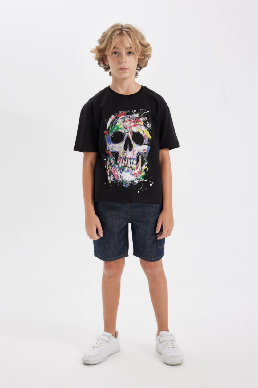 Erkek Çocuk - Genç Erkek Siyah Oversize Geniş Kalıp Bisiklet Yaka Baskılı Kısa Kollu Tişört Erkek Çocuk