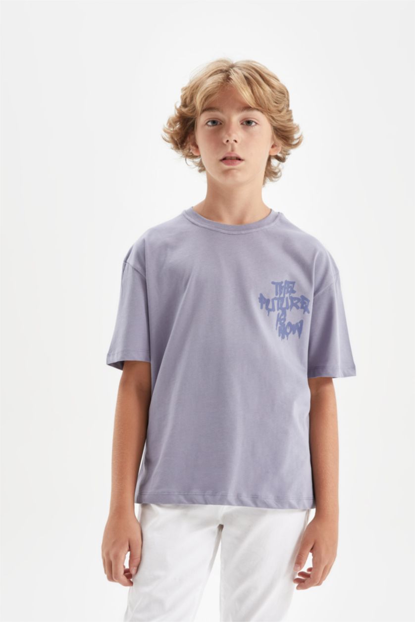 Erkek Çocuk - Genç Erkek Mavi Oversize Geniş Kalıp Bisiklet Yaka Baskılı Kısa Kollu Tişört Erkek Çocuk