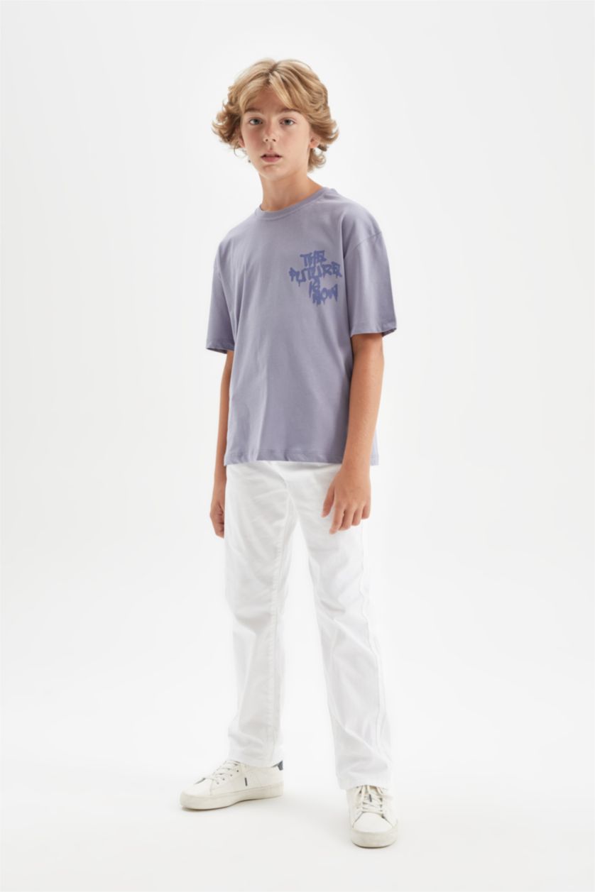 Erkek Çocuk - Genç Erkek Mavi Oversize Geniş Kalıp Bisiklet Yaka Baskılı Kısa Kollu Tişört Erkek Çocuk