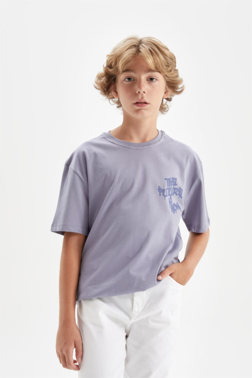 Erkek Çocuk - Genç Erkek Mavi Oversize Geniş Kalıp Bisiklet Yaka Baskılı Kısa Kollu Tişört Erkek Çocuk