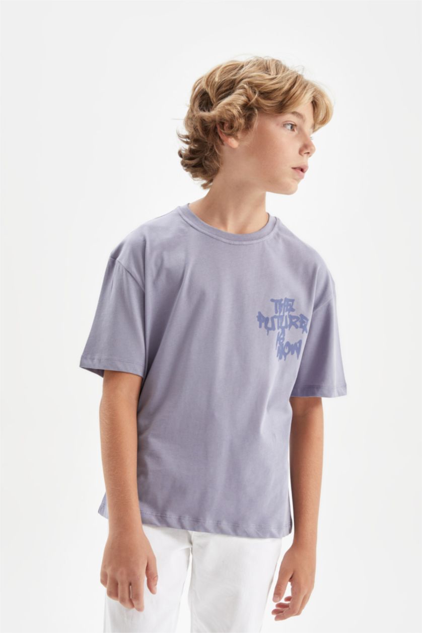 Erkek Çocuk - Genç Erkek Mavi Oversize Geniş Kalıp Bisiklet Yaka Baskılı Kısa Kollu Tişört Erkek Çocuk