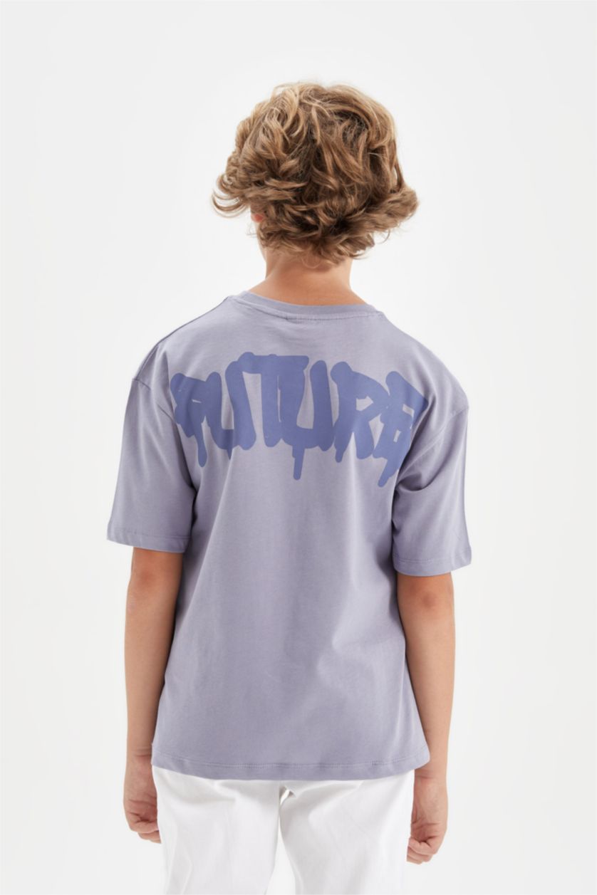 Erkek Çocuk - Genç Erkek Mavi Oversize Geniş Kalıp Bisiklet Yaka Baskılı Kısa Kollu Tişört Erkek Çocuk