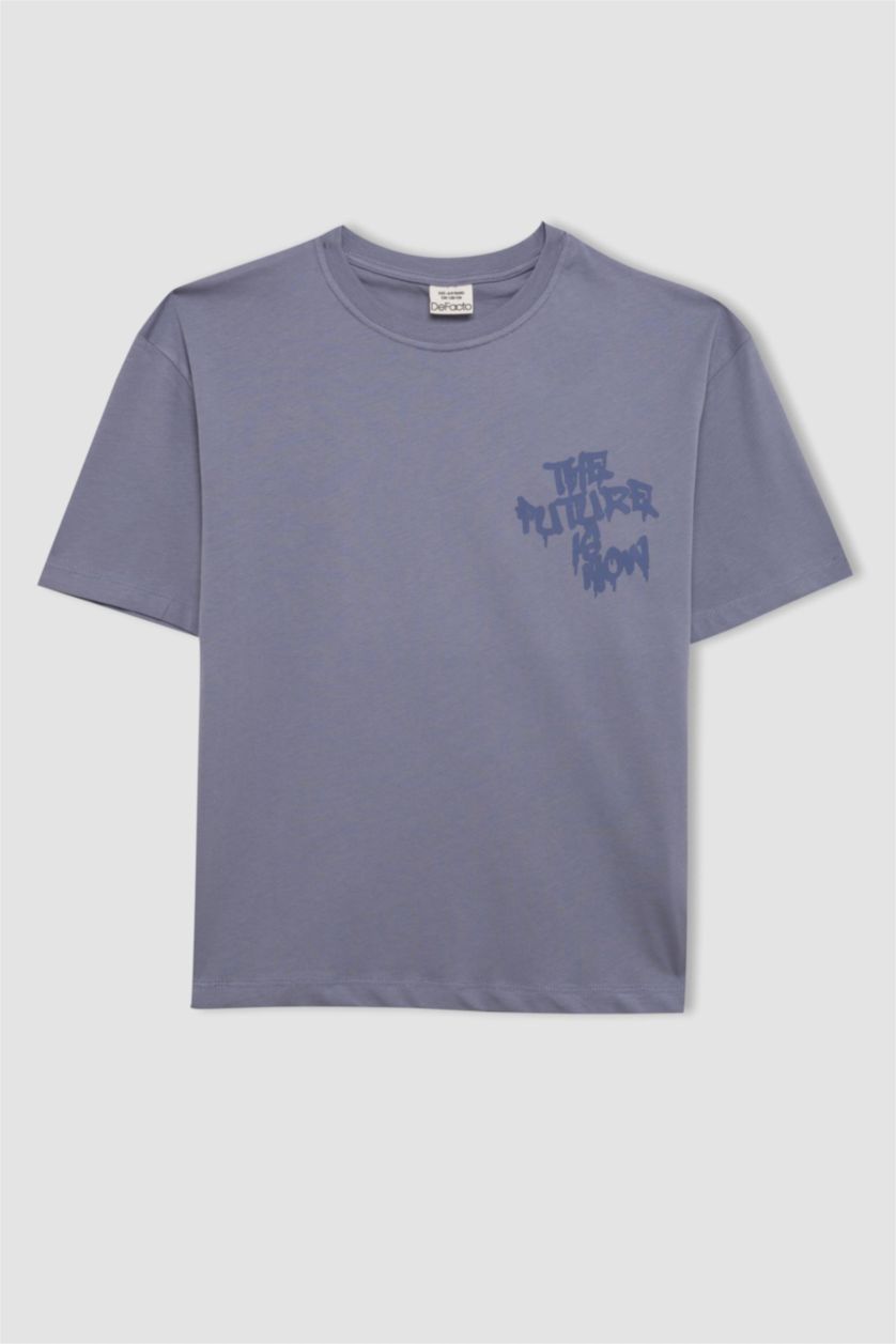 Erkek Çocuk - Genç Erkek Mavi Oversize Geniş Kalıp Bisiklet Yaka Baskılı Kısa Kollu Tişört Erkek Çocuk