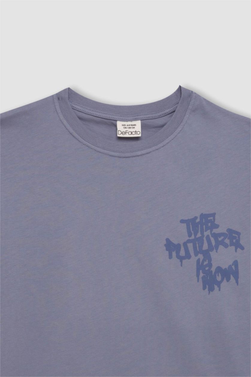 Erkek Çocuk - Genç Erkek Mavi Oversize Geniş Kalıp Bisiklet Yaka Baskılı Kısa Kollu Tişört Erkek Çocuk