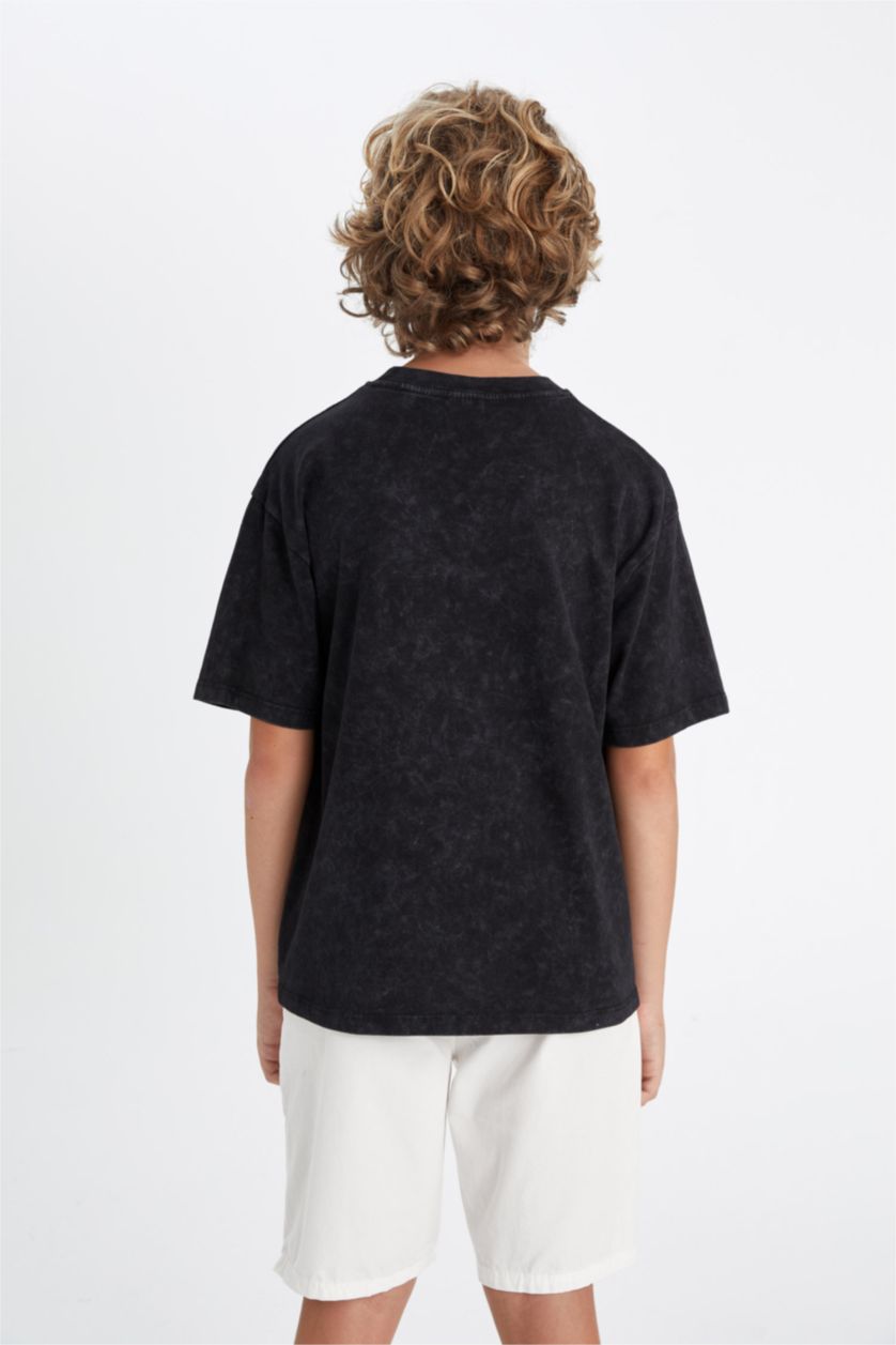 Erkek Çocuk - Genç Erkek Siyah Oversize Geniş Kalıp Bisiklet Yaka Yıkamalı Soluk Efektli Kısa Kollu Tişört Erkek Çocuk