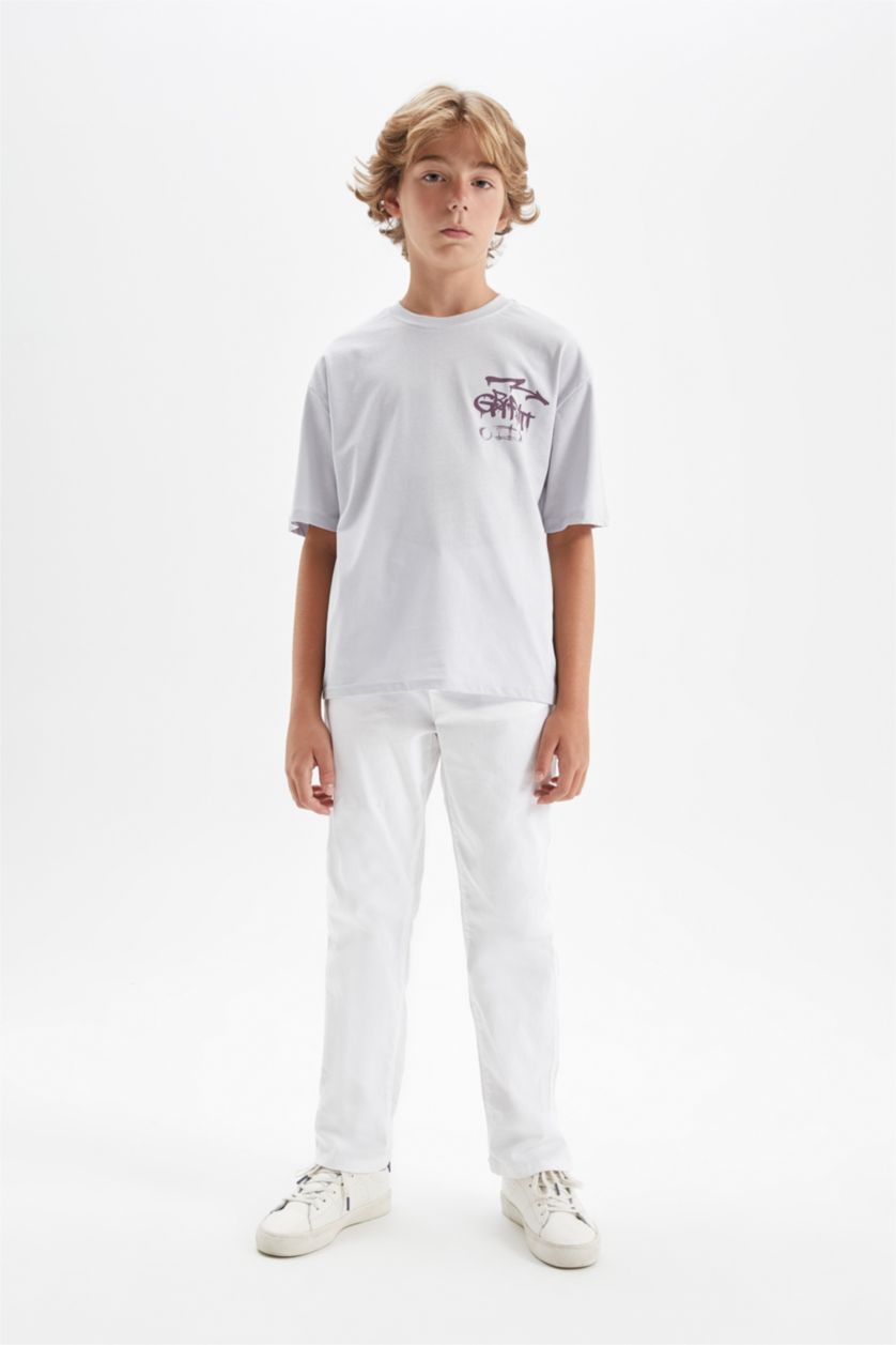 Erkek Çocuk - Genç Erkek Açık Mavi Oversıze Bisiklet Yaka Baskılı Kısa Kollu Tişört Erkek Çocuk