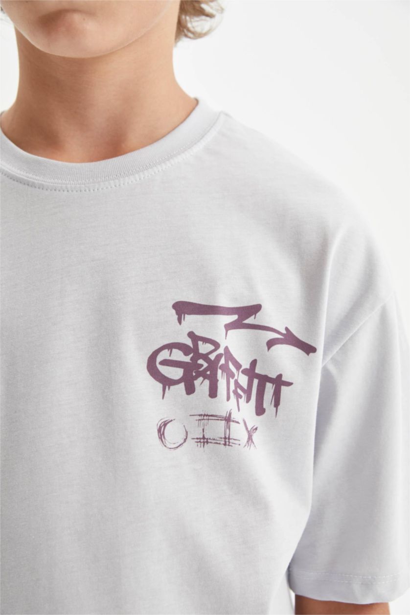 Erkek Çocuk - Genç Erkek Açık Mavi Oversıze Bisiklet Yaka Baskılı Kısa Kollu Tişört Erkek Çocuk