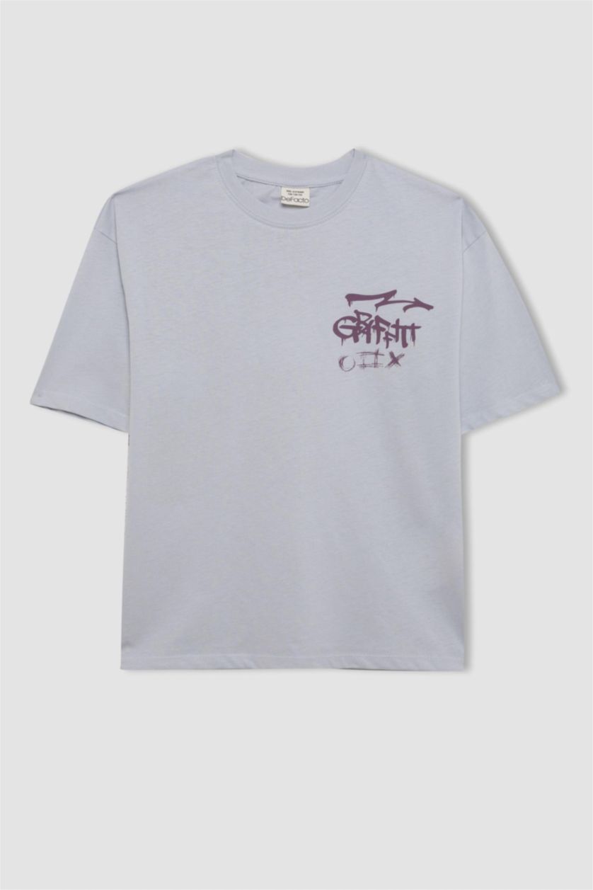 Erkek Çocuk - Genç Erkek Açık Mavi Oversıze Bisiklet Yaka Baskılı Kısa Kollu Tişört Erkek Çocuk