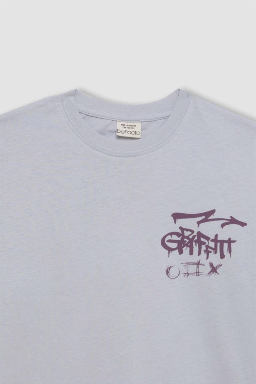 Erkek Çocuk - Genç Erkek Açık Mavi Oversıze Bisiklet Yaka Baskılı Kısa Kollu Tişört Erkek Çocuk