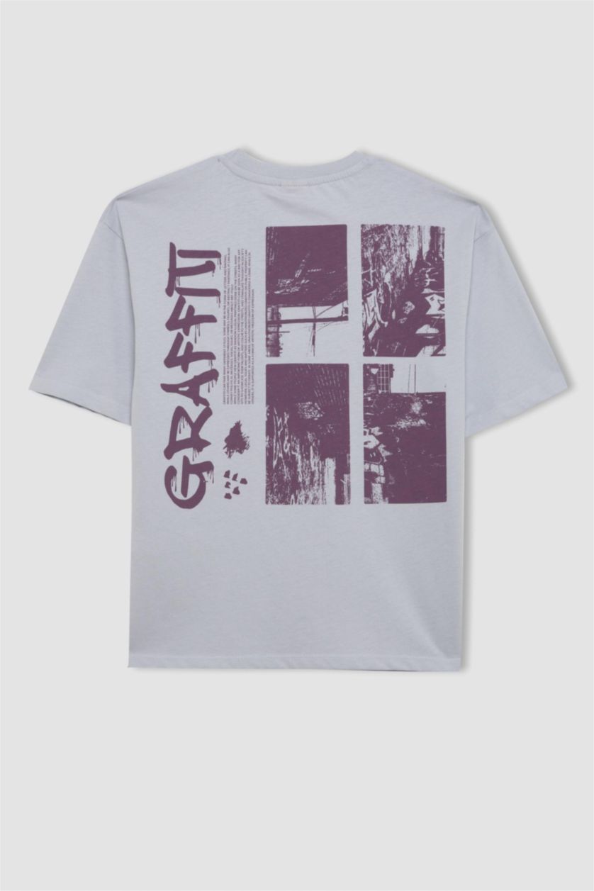 Erkek Çocuk - Genç Erkek Açık Mavi Oversıze Bisiklet Yaka Baskılı Kısa Kollu Tişört Erkek Çocuk