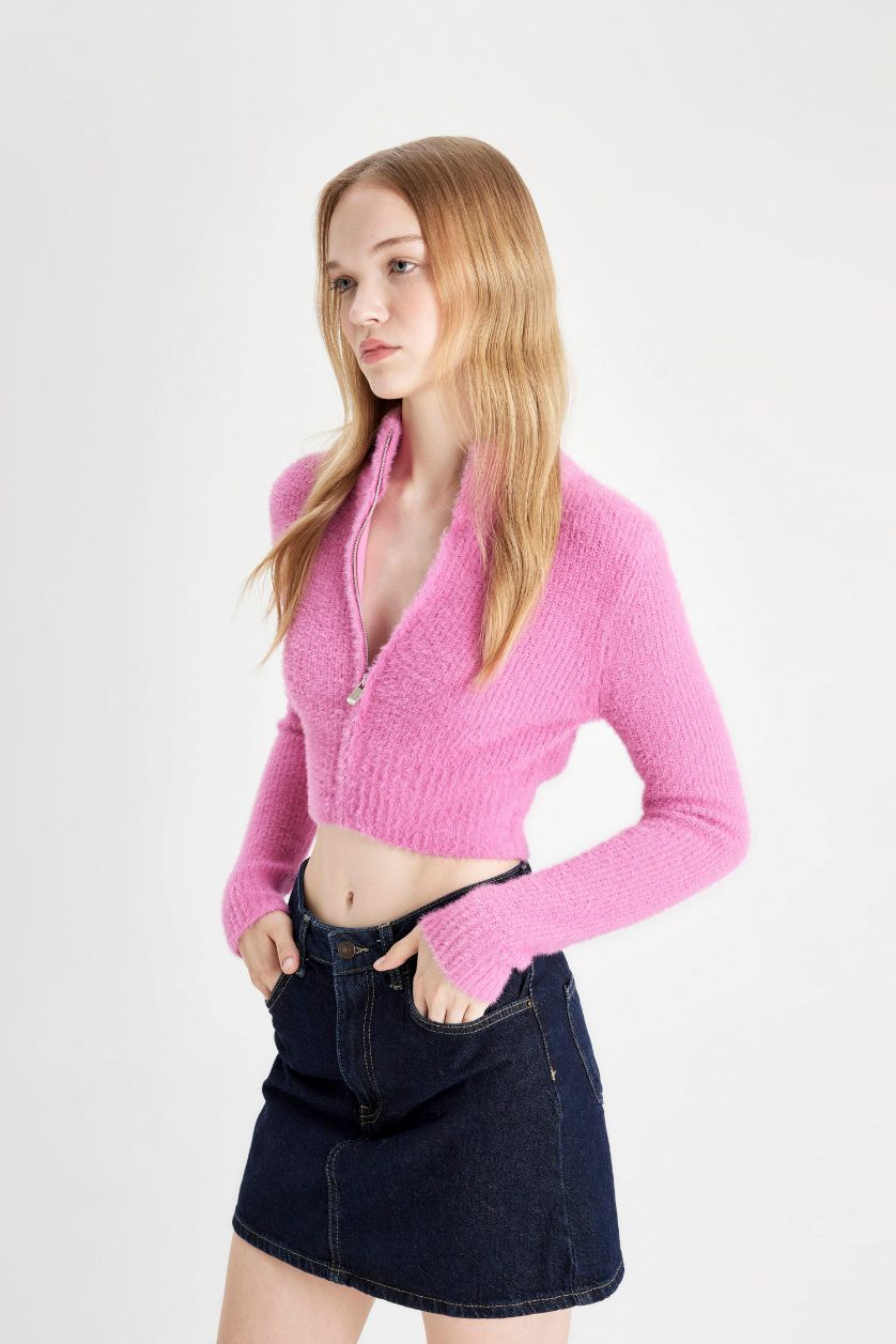 Kadın Pembe Crop Basic Düz Fermuarlı Dik Yaka Triko Hırka