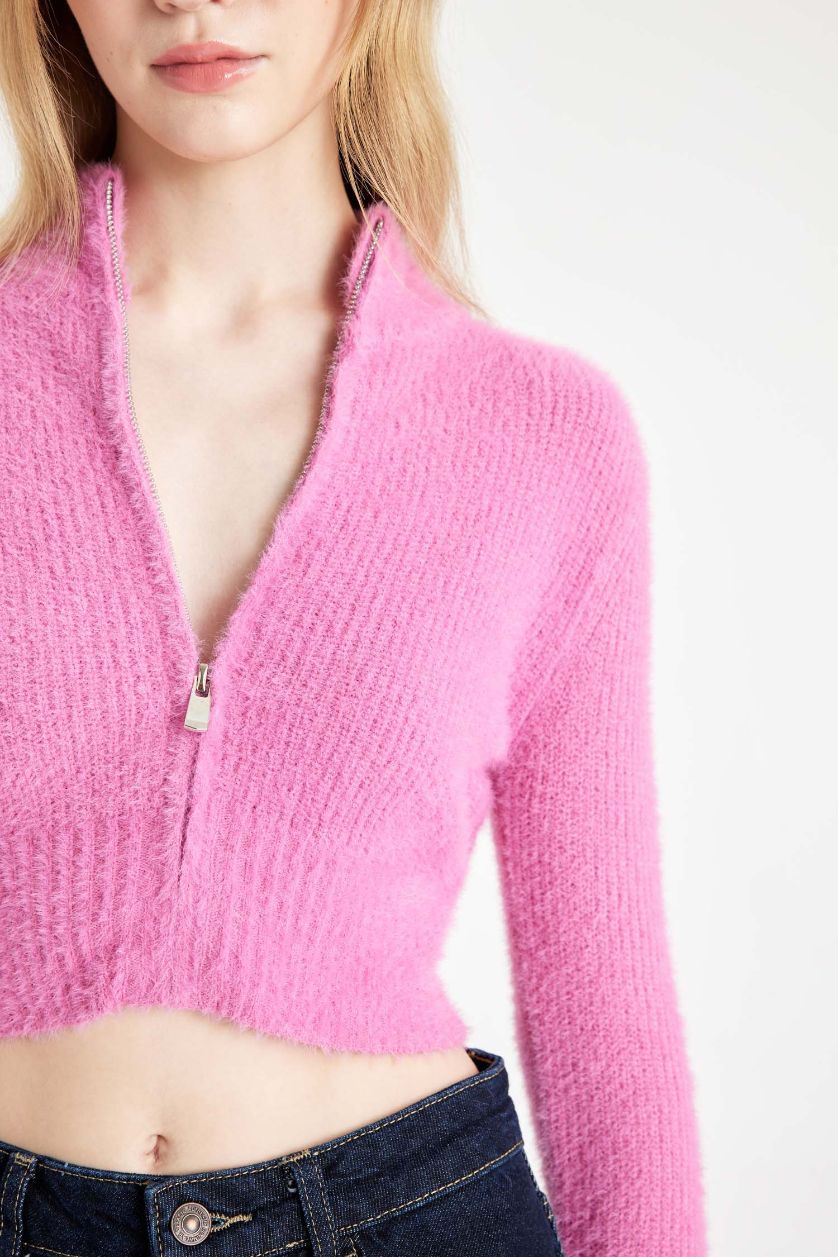Kadın Pembe Crop Basic Düz Fermuarlı Dik Yaka Triko Hırka