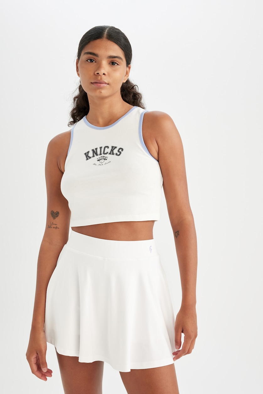 Women Ecru DeFactoFit NBA New York Knicks Ribbed Crop Top