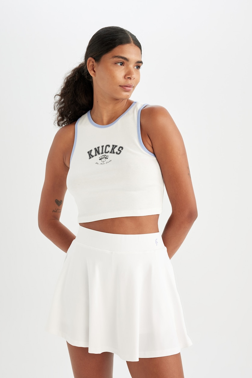 Women Ecru DeFactoFit NBA New York Knicks Ribbed Crop Top