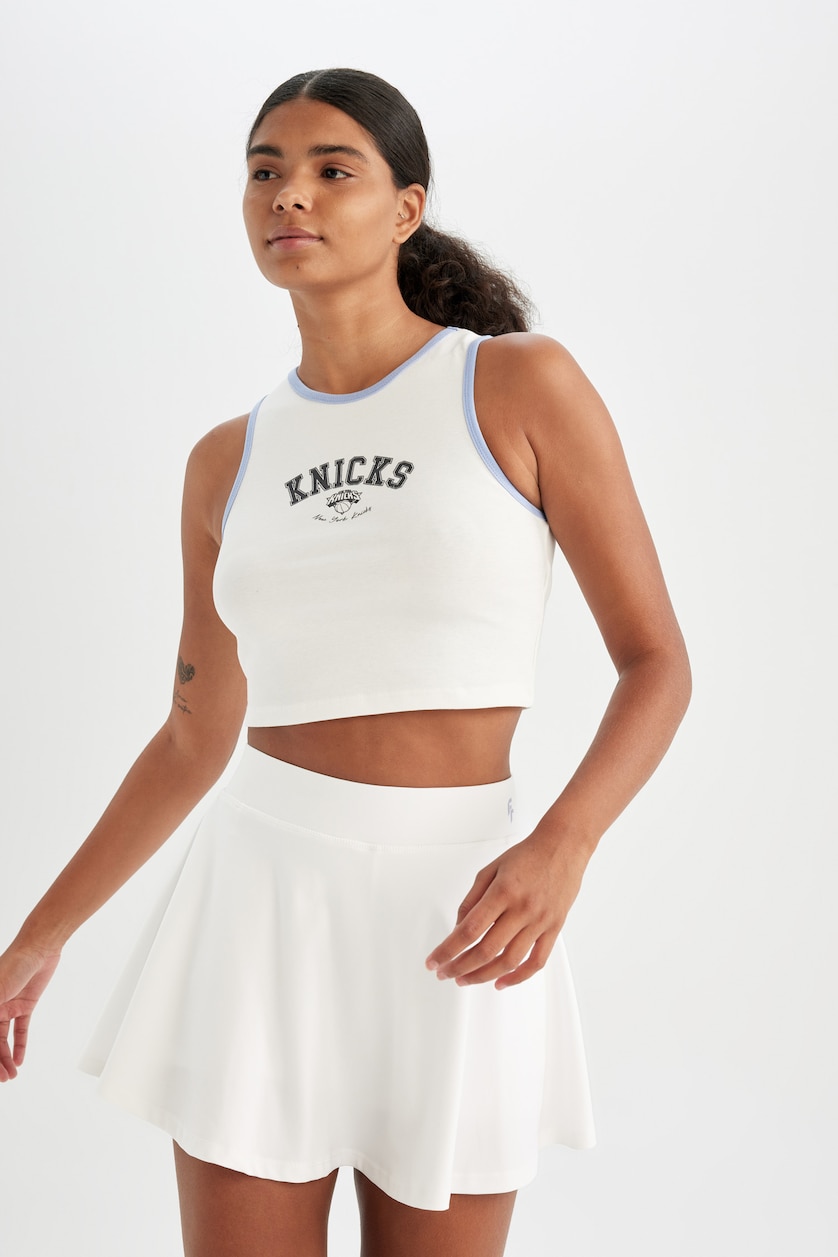 Women Ecru DeFactoFit NBA New York Knicks Ribbed Crop Top