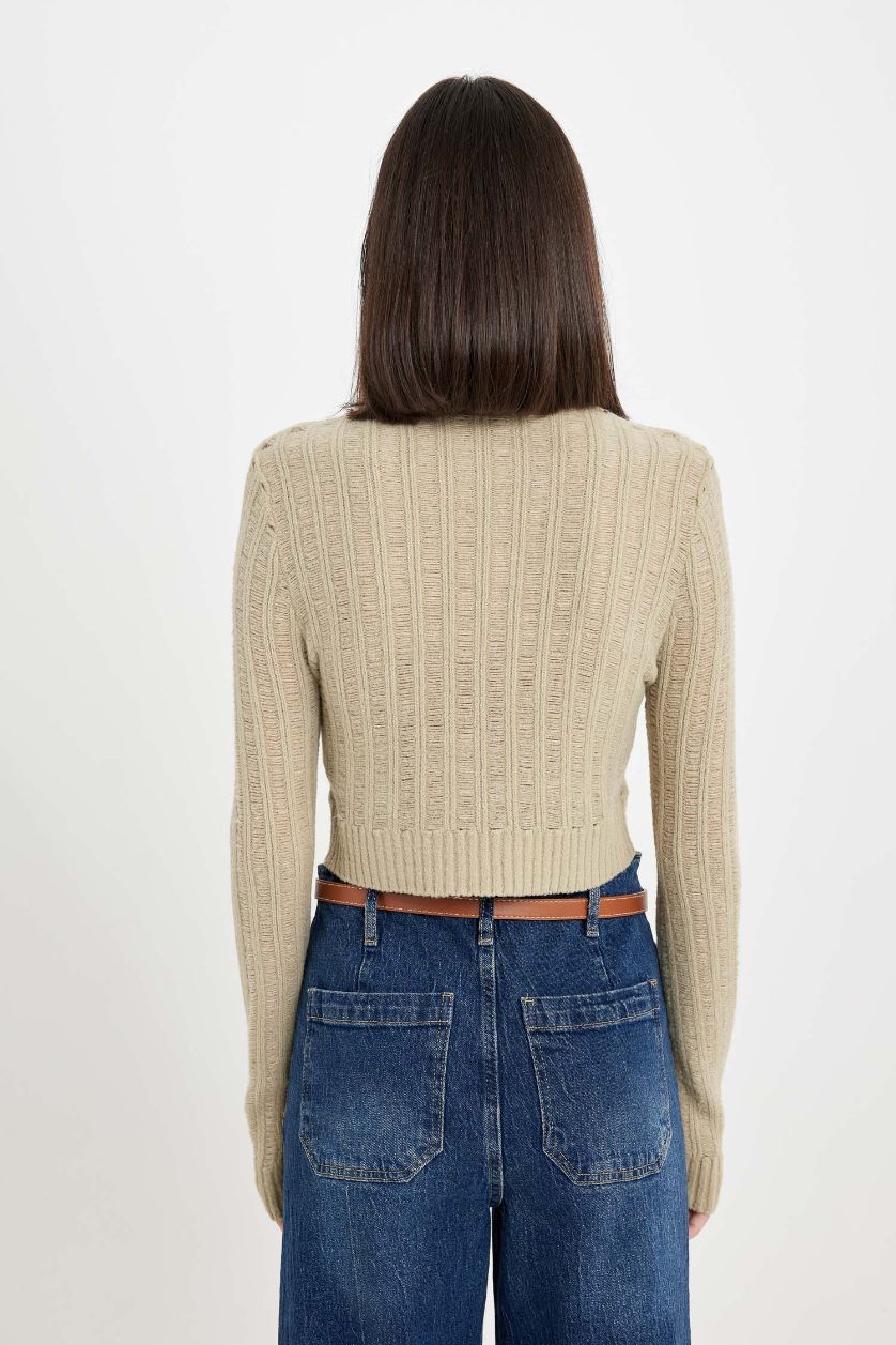 Kadın Açık Yeşil Regular Fit Crop Bisiklet Yaka Örgü Delikli Triko Kazak