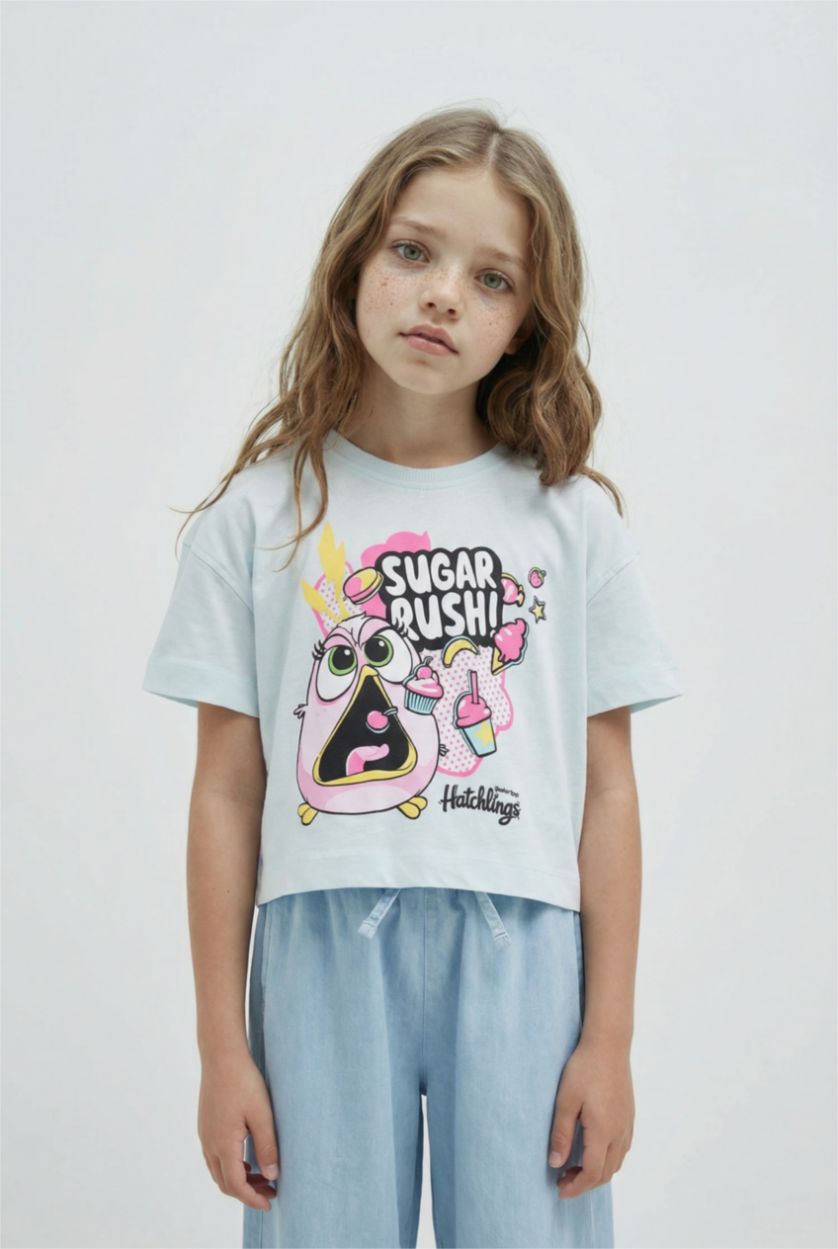 Kız Çocuk - Genç Kız Açık Mavi Hatsune Miku Bisiklet Yaka Kısa Kollu Tişört Kız Çocuk