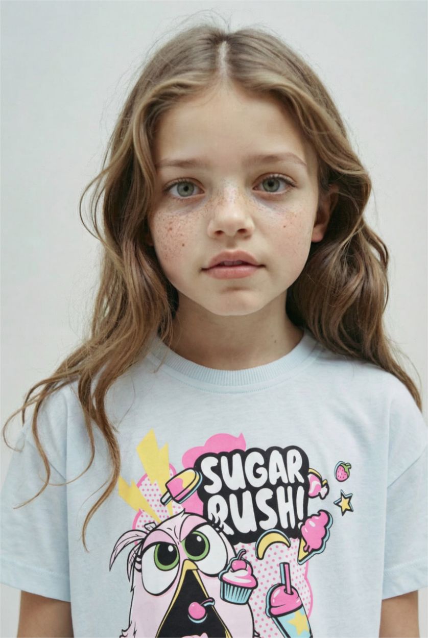 Kız Çocuk - Genç Kız Açık Mavi Hatsune Miku Bisiklet Yaka Kısa Kollu Tişört Kız Çocuk