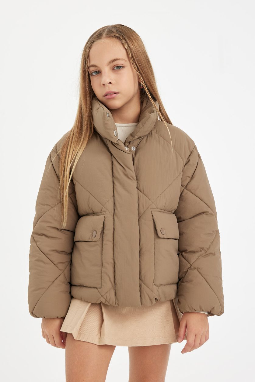 GIRLS & TEENS Dark Beige Girl Stand Collar Pocket Waterproof Puffer Jacket