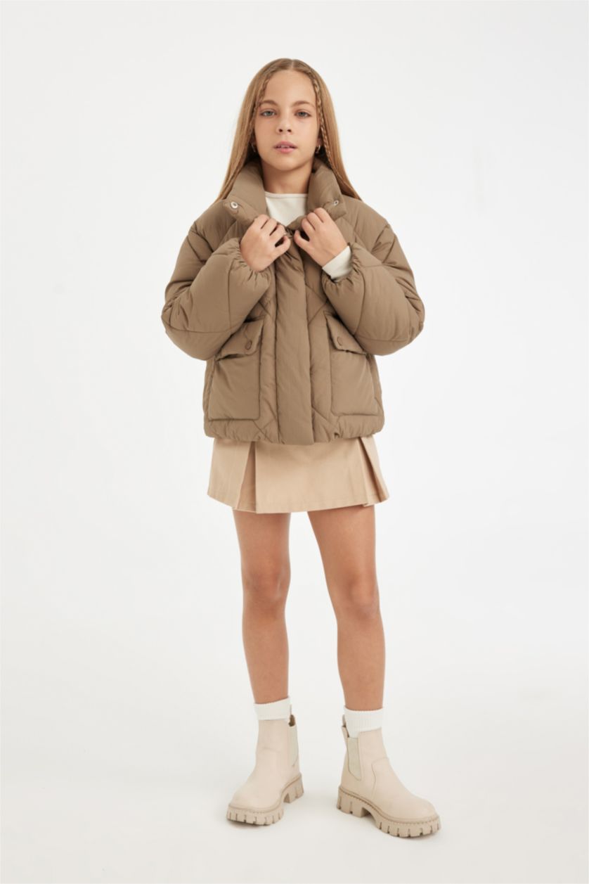 GIRLS & TEENS Dark Beige Girl Stand Collar Pocket Waterproof Puffer Jacket