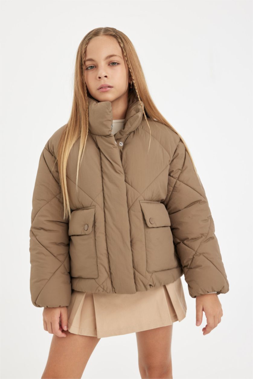 GIRLS & TEENS Dark Beige Girl Stand Collar Pocket Waterproof Puffer Jacket