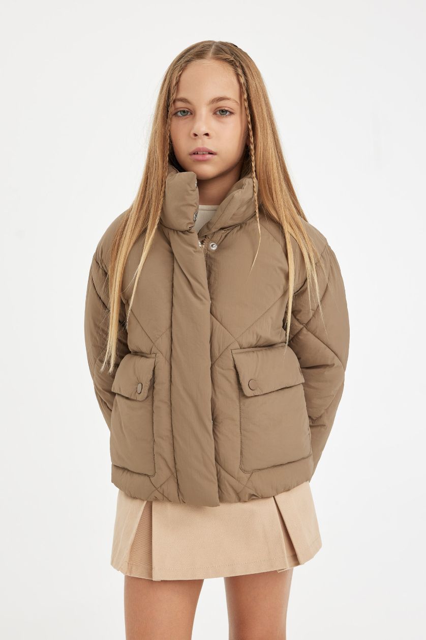 GIRLS & TEENS Dark Beige Girl Stand Collar Pocket Waterproof Puffer Jacket