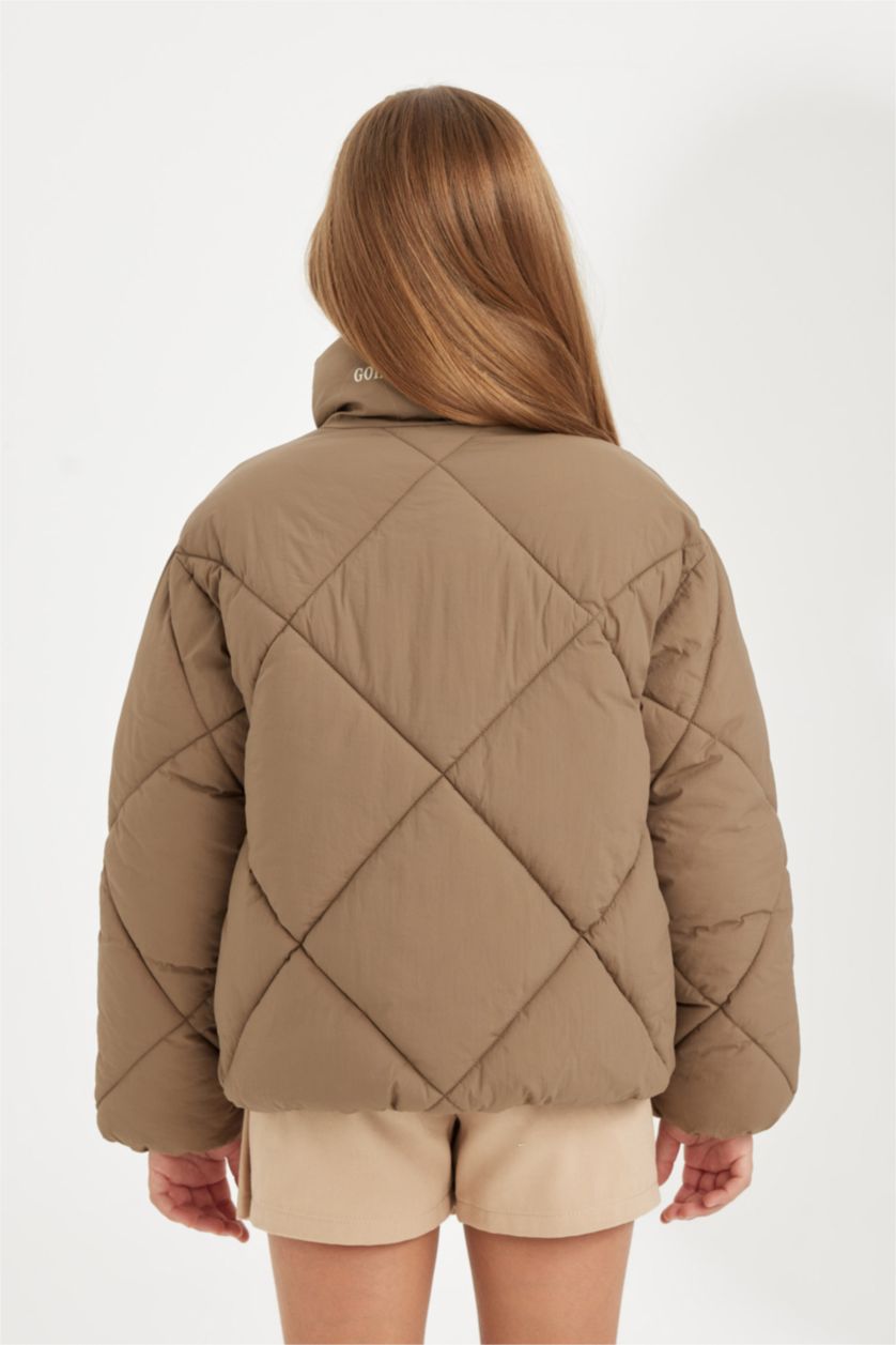 GIRLS & TEENS Dark Beige Girl Stand Collar Pocket Waterproof Puffer Jacket