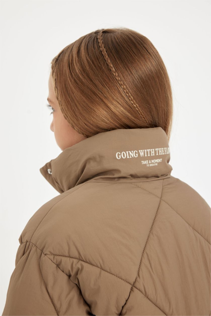 GIRLS & TEENS Dark Beige Girl Stand Collar Pocket Waterproof Puffer Jacket