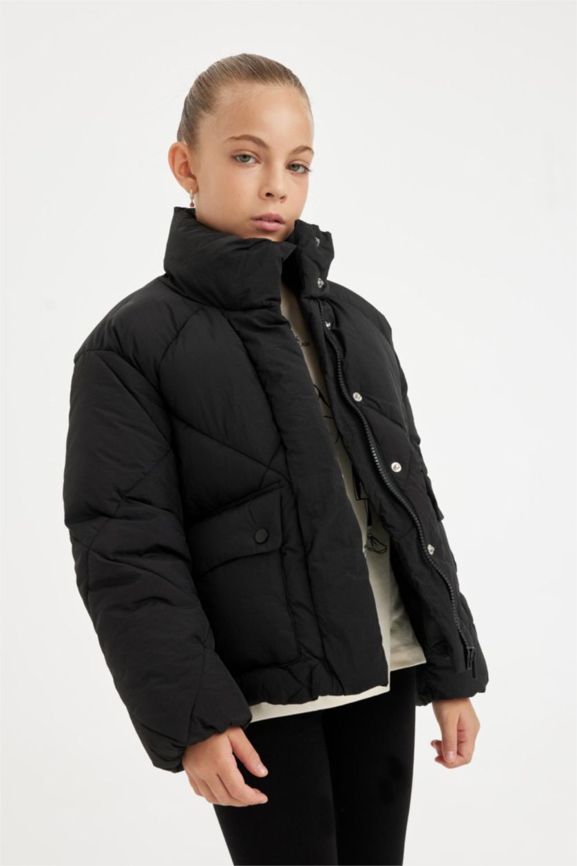 بناتي أسود جاكيت بامب بناتي وتر بروف بسوسته وياقة عالية