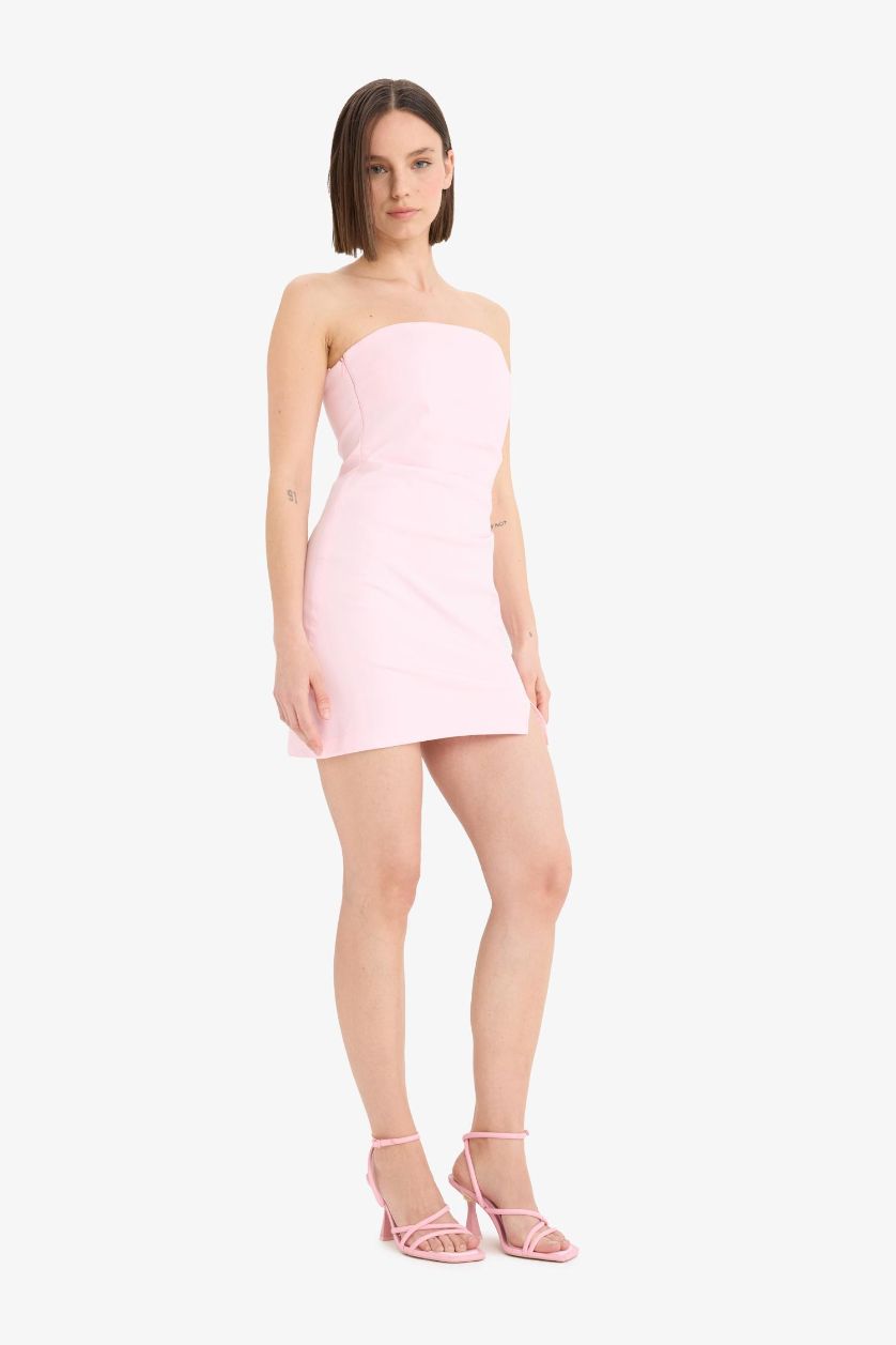 Kadın Açık Pembe Bodycon Vücudu Saran Straplez Mini Elbise