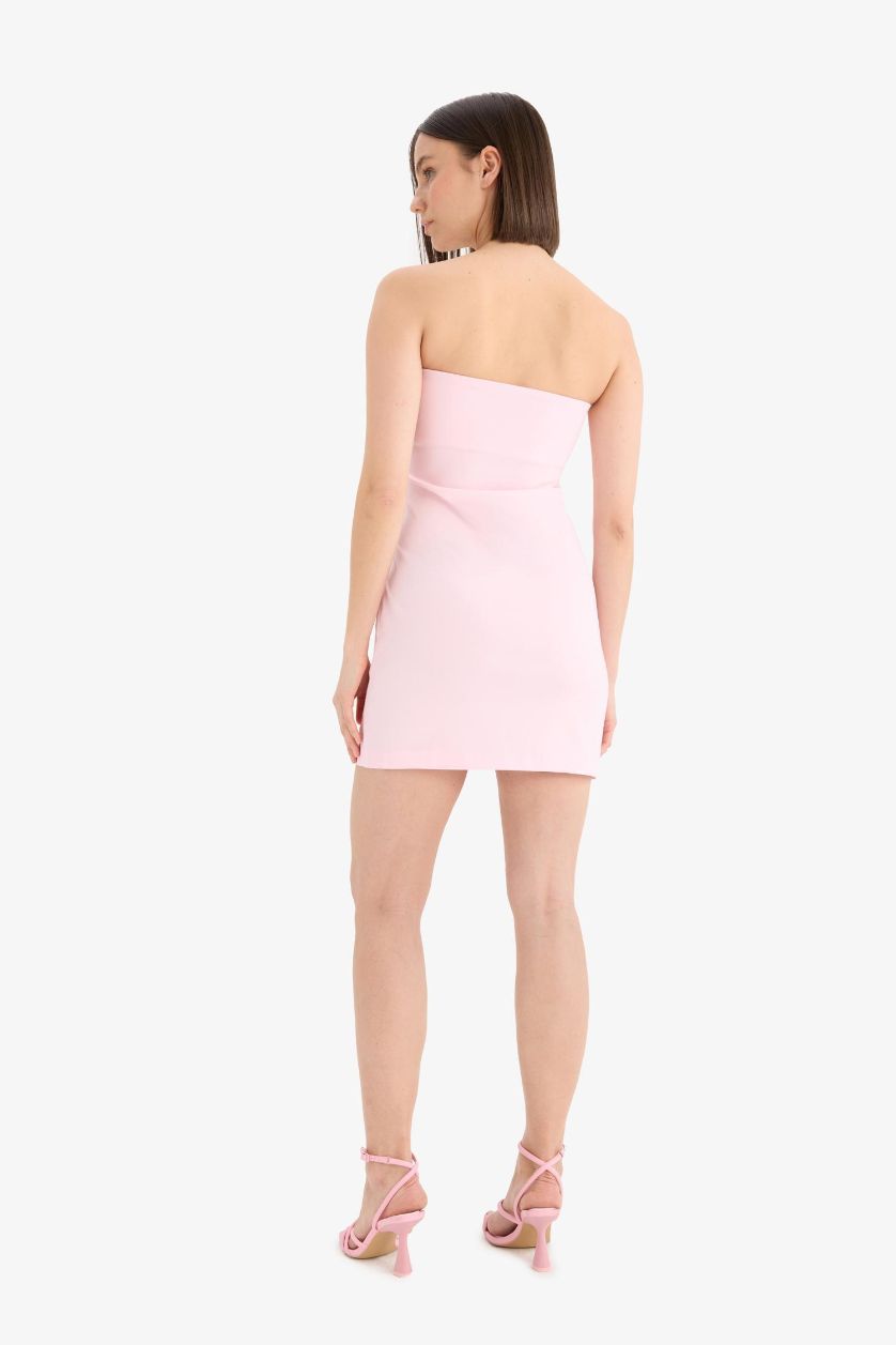 Kadın Açık Pembe Bodycon Vücudu Saran Straplez Mini Elbise