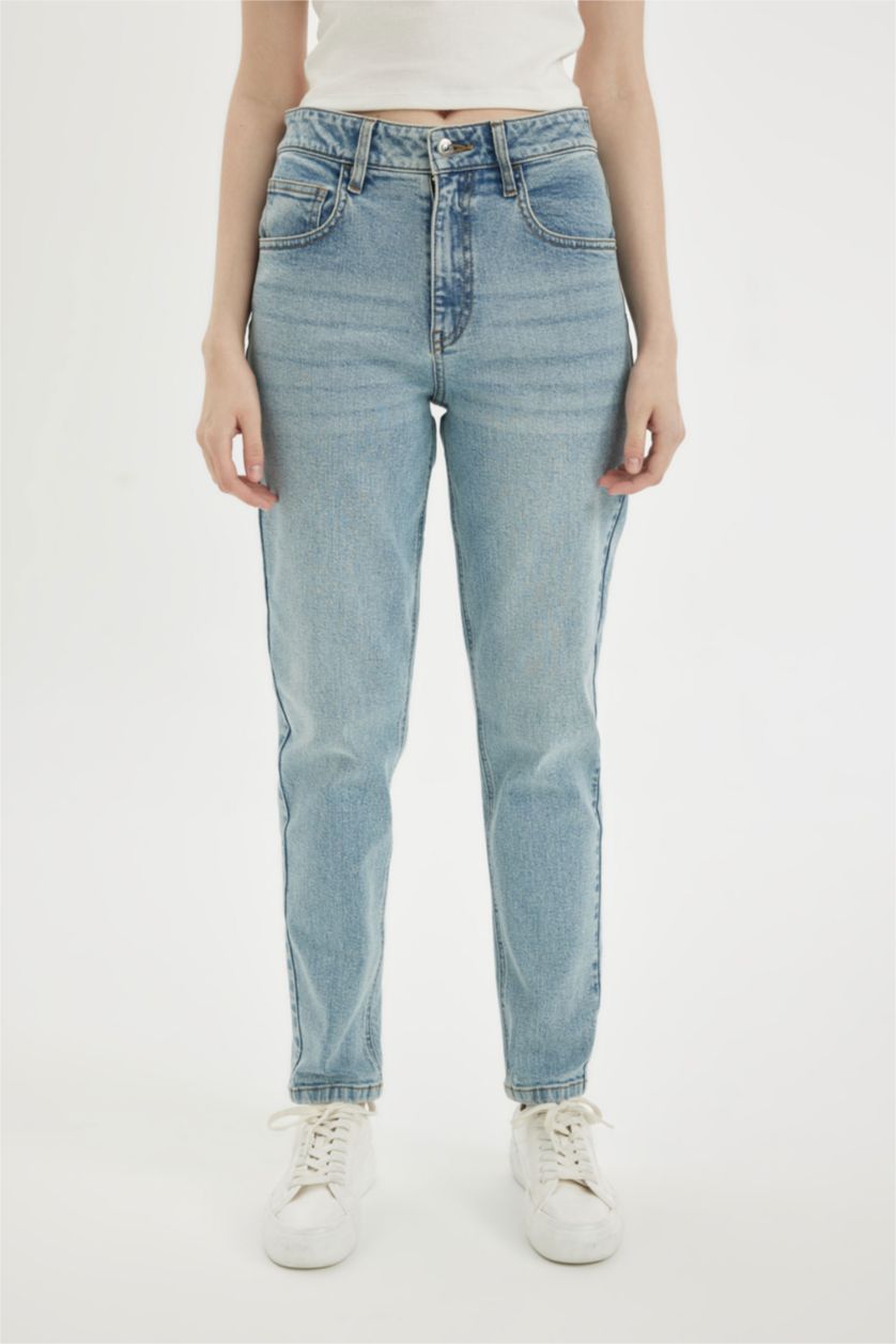 WOMAN Light Blue Comfort Mom High Waist Ankle Length Washed Jeans