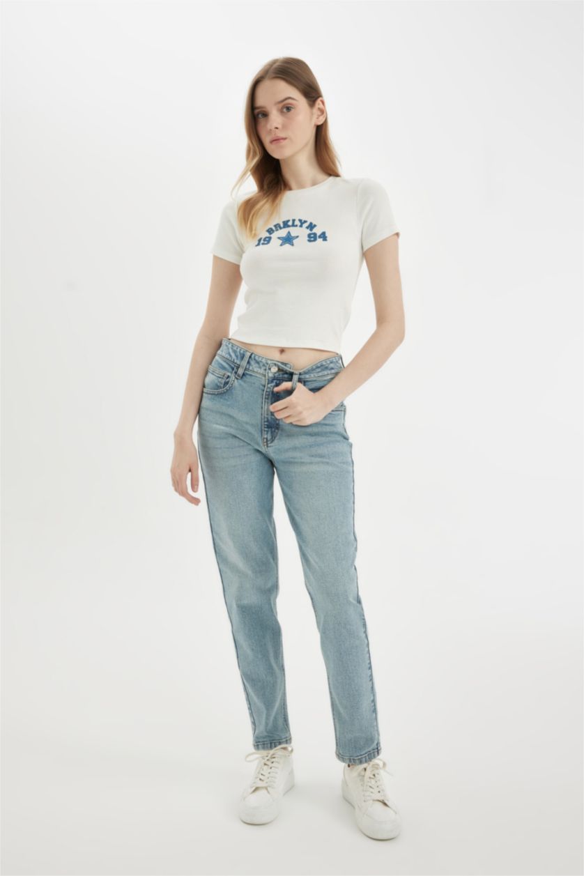 WOMAN Light Blue Comfort Mom High Waist Ankle Length Washed Jeans