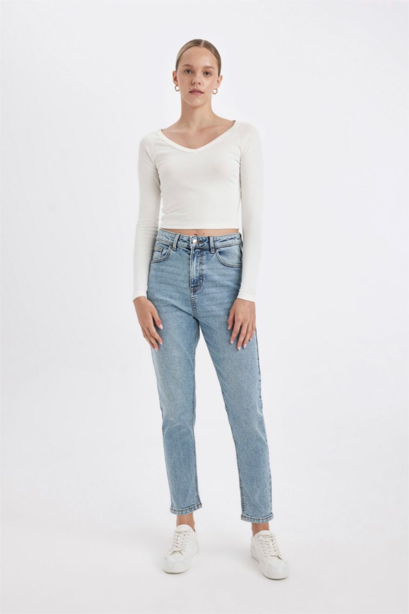 Kadın Mavi Yüksek Bel Comfort Mom Pantolon