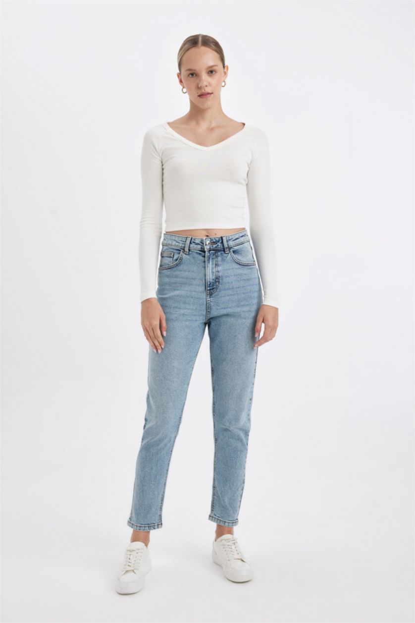 Kadın Mavi Yüksek Bel Comfort Mom Pantolon