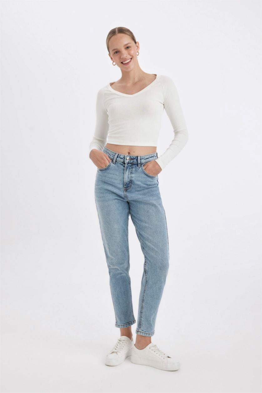 Kadın Mavi Yüksek Bel Comfort Mom Pantolon