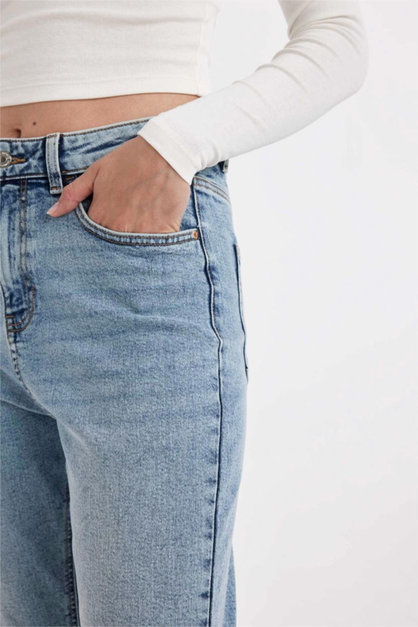 Kadın Mavi Yüksek Bel Comfort Mom Pantolon