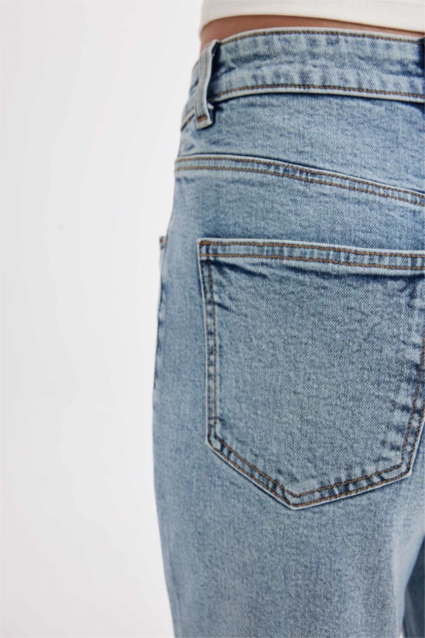 Kadın Mavi Yüksek Bel Comfort Mom Pantolon