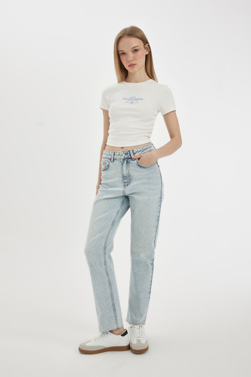 WOMAN Light Blue Mary Vintage Straight Fit High Waist Ankle Length Washed Jeans
