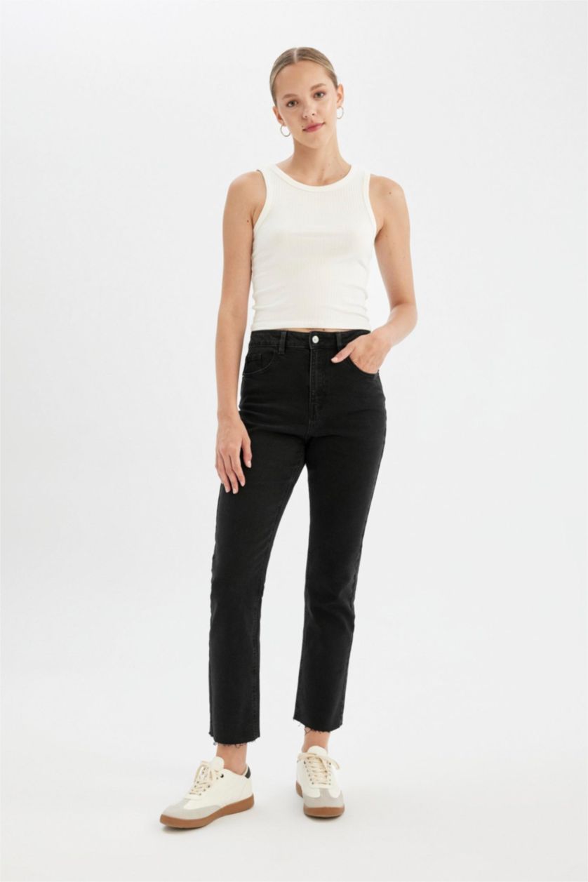 Kadın Siyah Yüksek Bel Vintage Straight Fit Pantolon