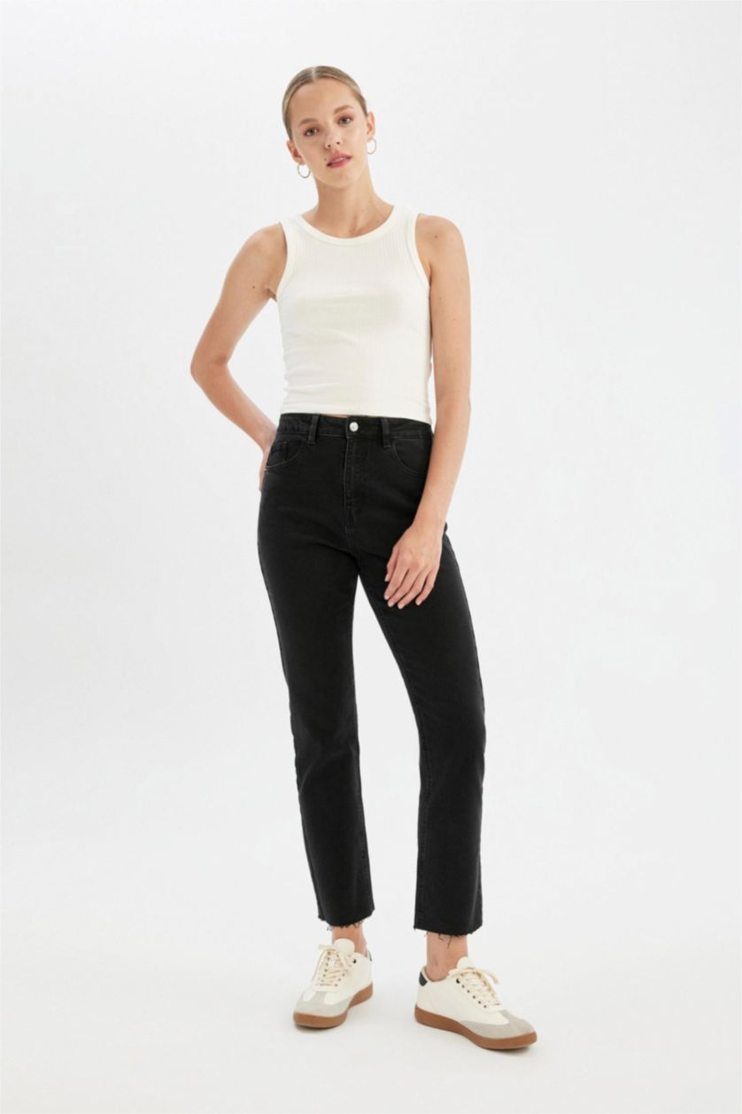 Kadın Siyah Yüksek Bel Vintage Straight Fit Pantolon