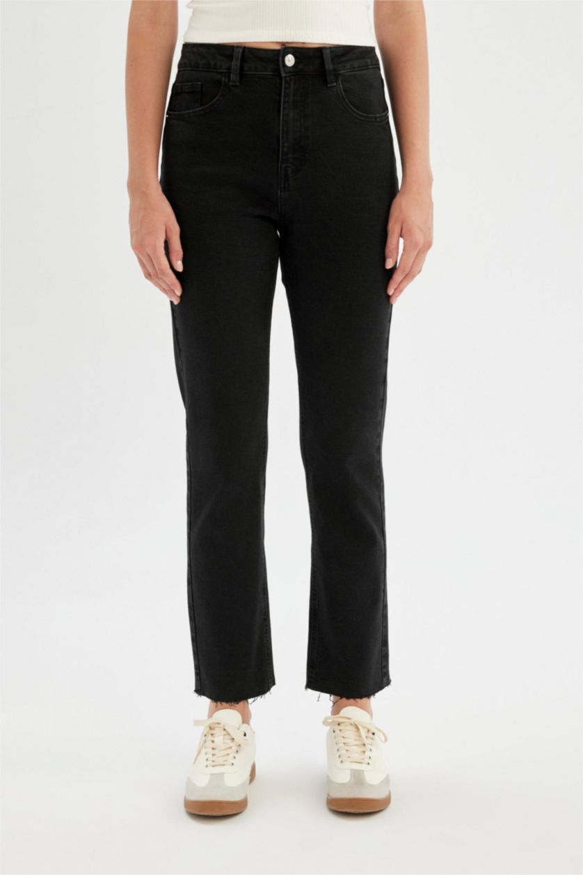 Kadın Siyah Yüksek Bel Vintage Straight Fit Pantolon