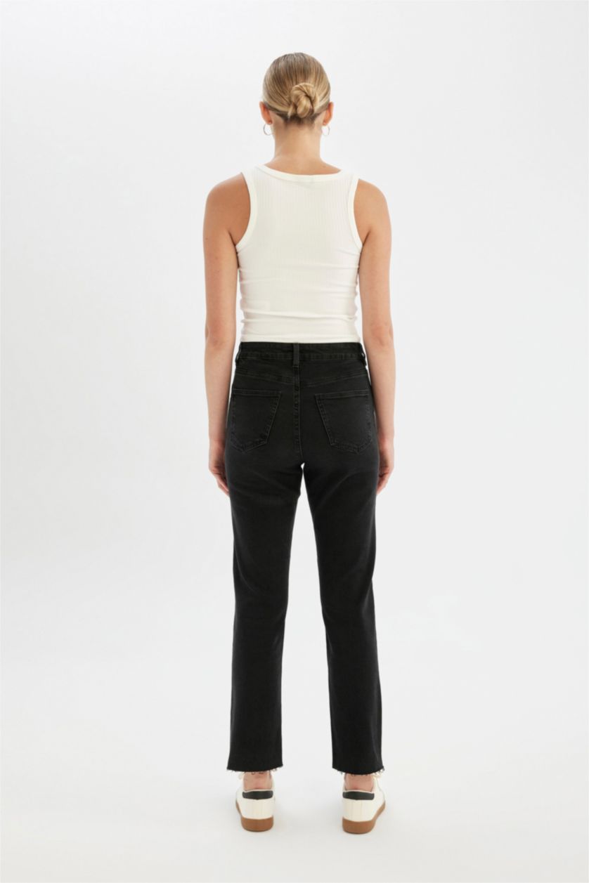 Kadın Siyah Yüksek Bel Vintage Straight Fit Pantolon