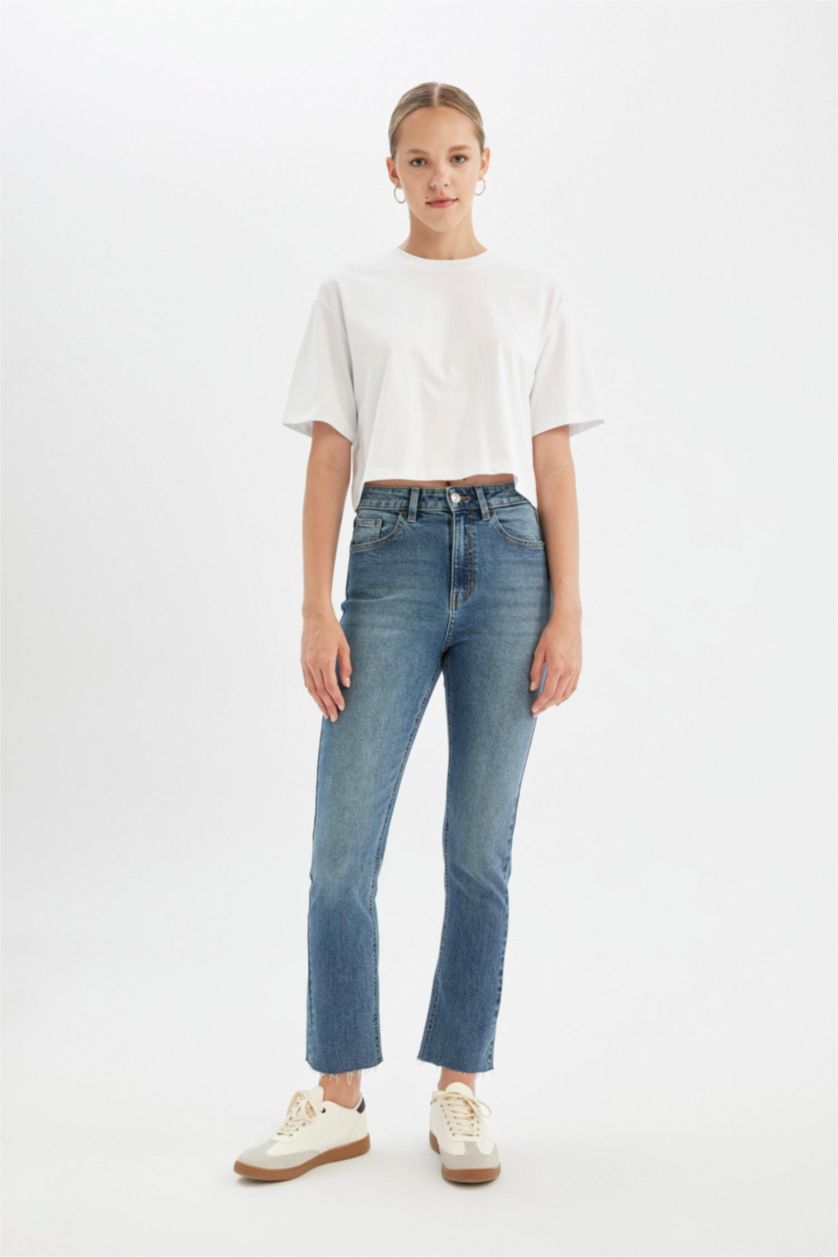 Kadın Mavi Mary Vintage Straight Fit Yüksek Bel Paça Ucu Kesik Bilek Boy Jean Yıkamalı Pantolon