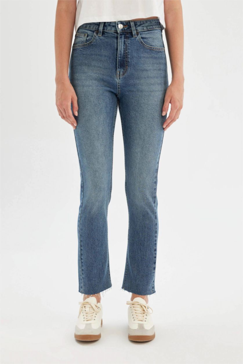 Kadın Mavi Mary Vintage Straight Fit Yüksek Bel Paça Ucu Kesik Bilek Boy Jean Yıkamalı Pantolon