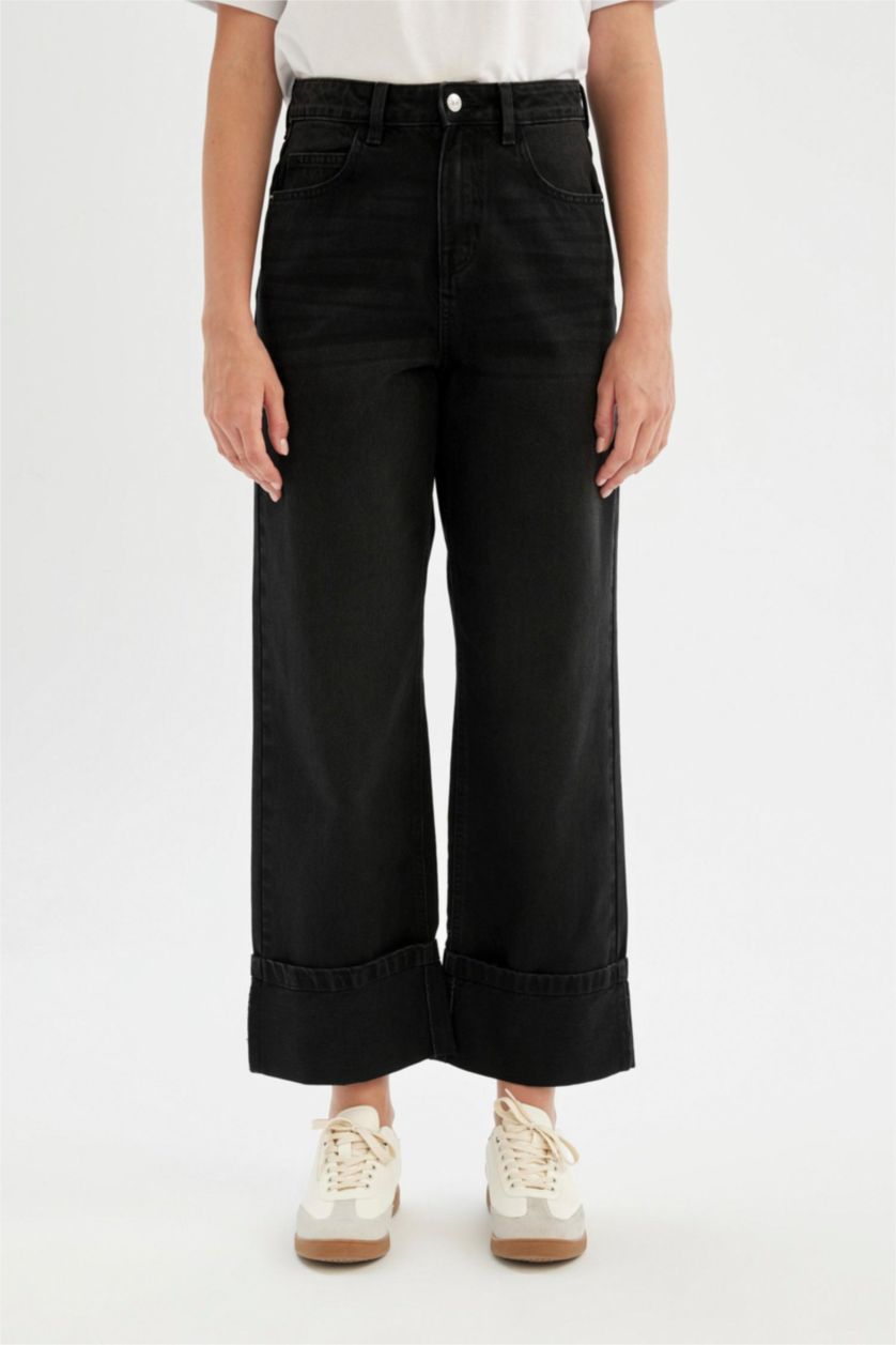 Kadın Siyah Relax Fit Yüksek Bel Bilek Boy Jean Pantolon